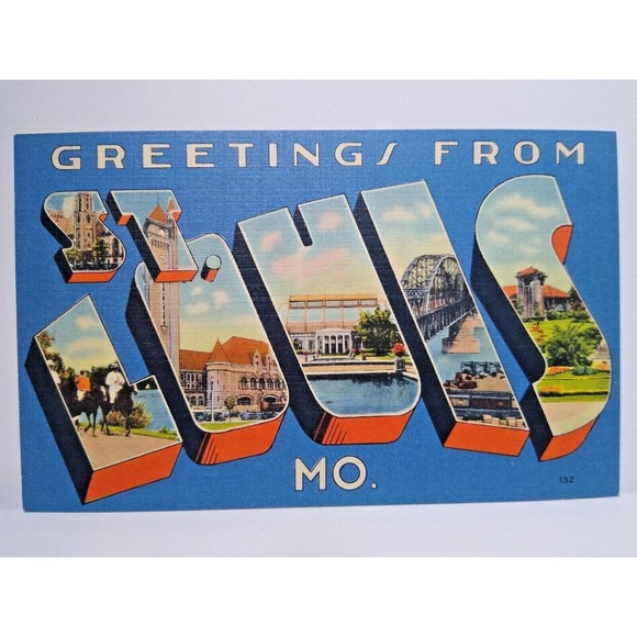 Greetings From St Louis Missouri Large Big Letter Postcard Linen Tichnor Bridge - Picture 1 of 2